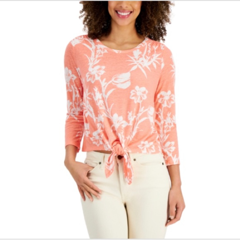 Charter Club Floral-Print Tie-Hem Top